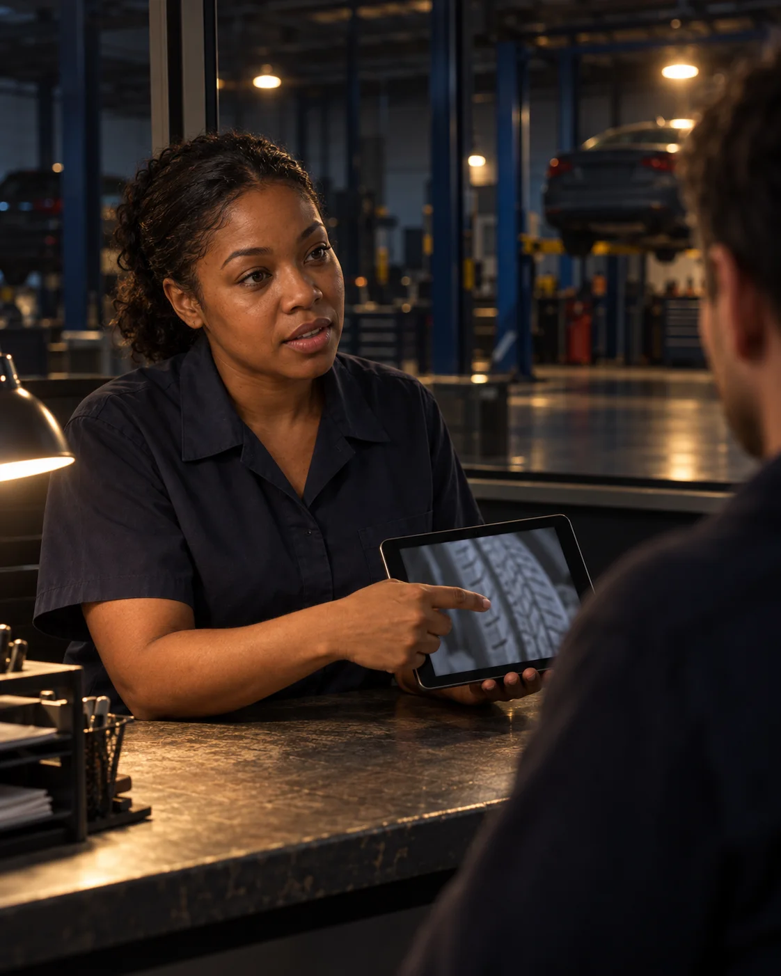 A service advisor showing a customer inspection photos on a tablet