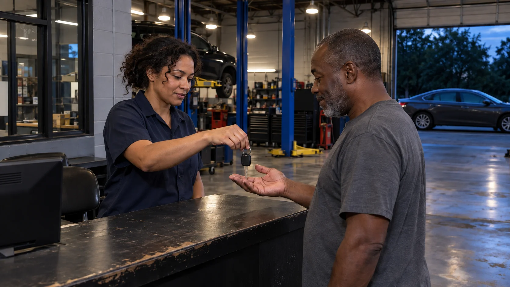 An advisor handing the keys back to a customer